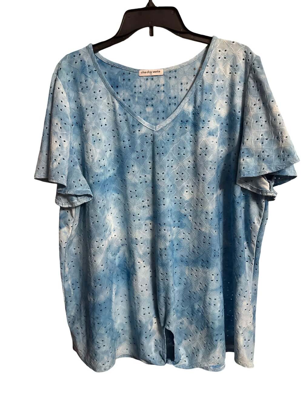cha cha vente Blouse Size 1X Blue Tie Dye Eyelet Short Sleeve Top